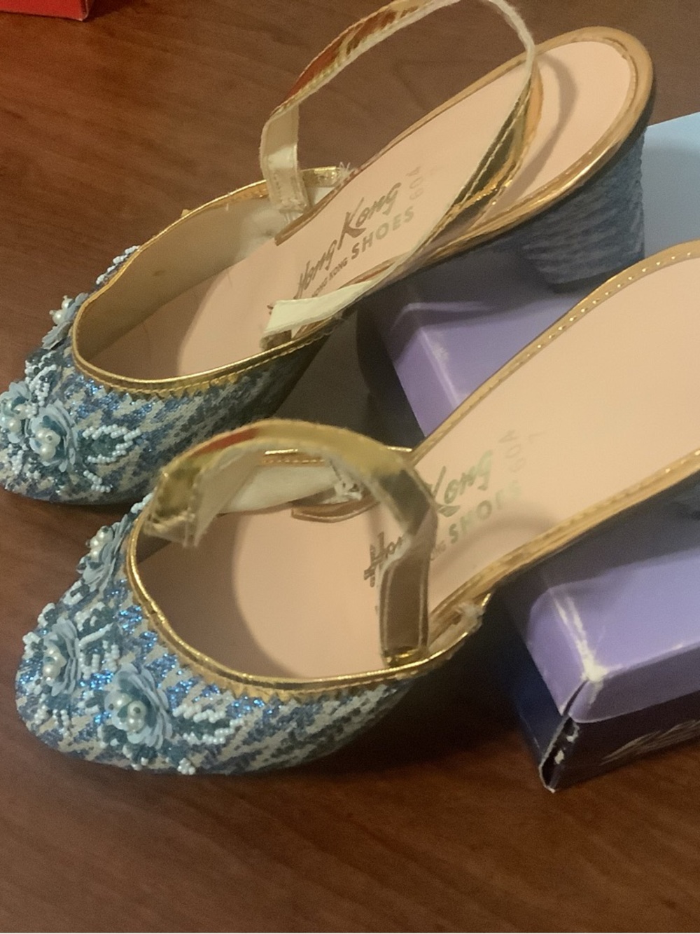 Hand-Embellished Blue Slingback Heels made in Hong Kong